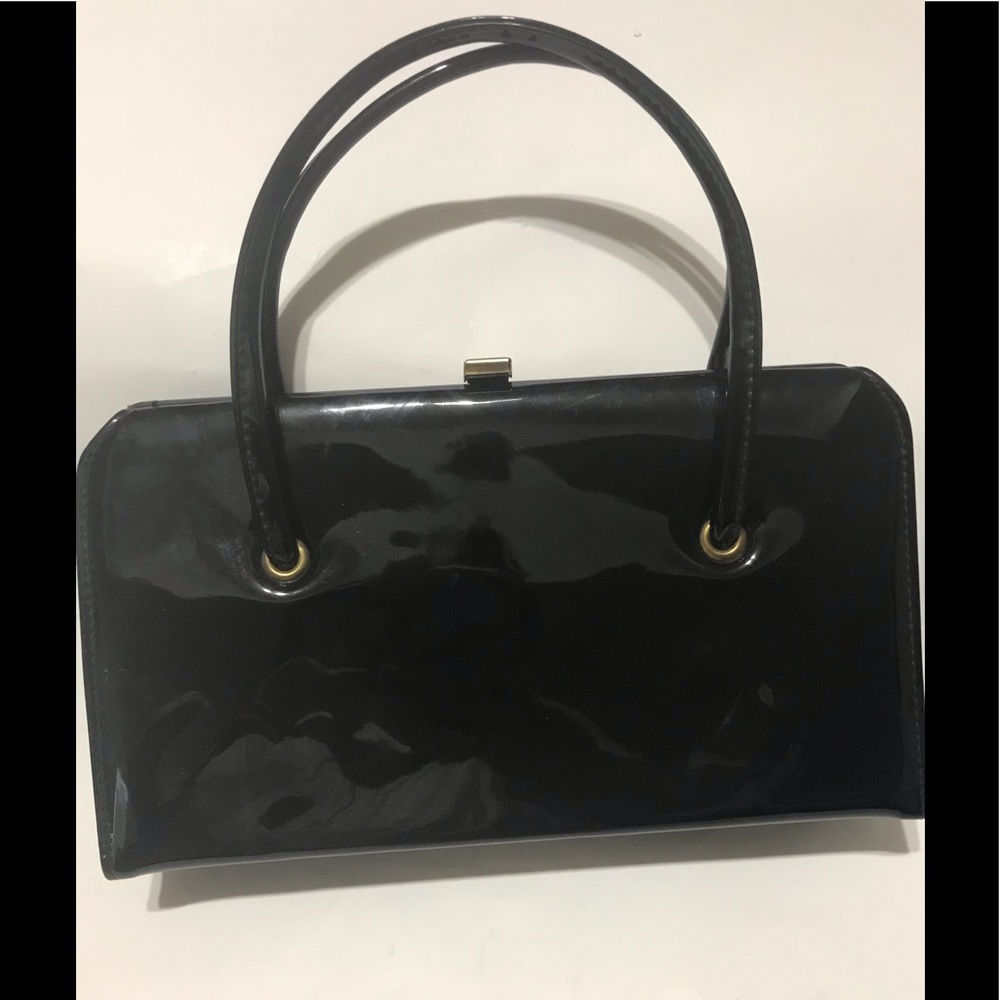 SPILENE VTG BLACK PATENT HANDBAG PURSE RECTANGLE